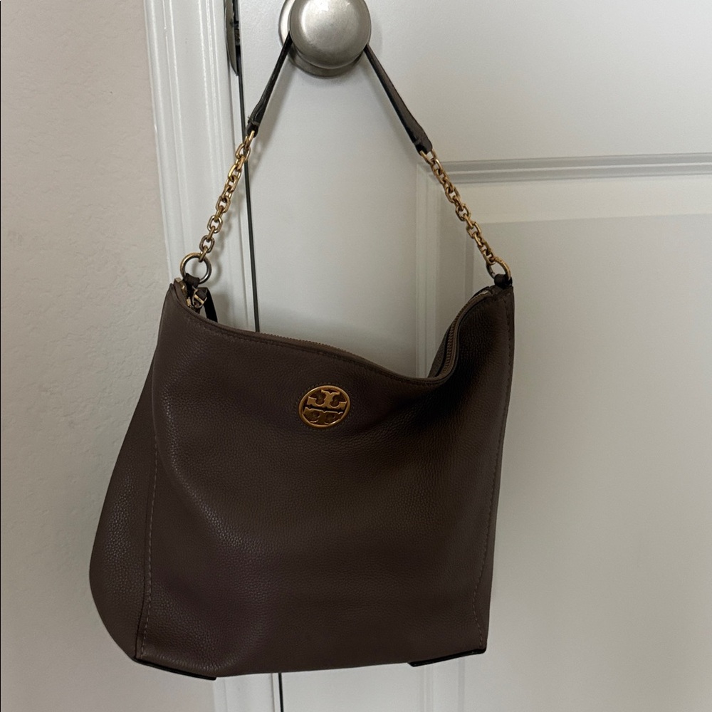 Tory Burch Dark Brown Pebbled Leather Shoulder Hobo with Gold Chain